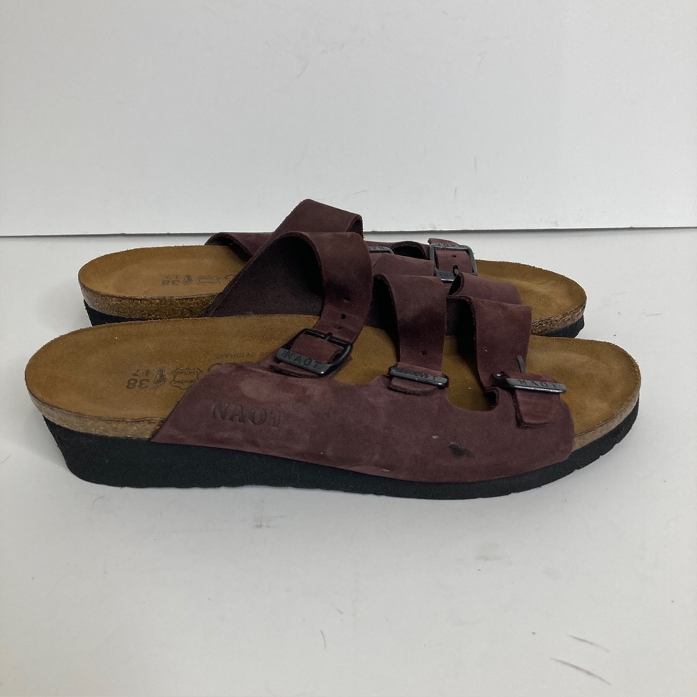 Naot Sandals Womens 38 7 Red Brown Nubuck Leather Three Strap Fisherman Wedge